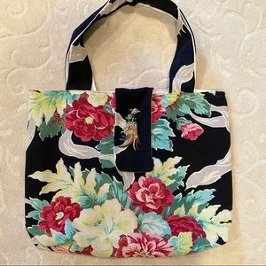 Large Soft Floral Tote w Enamel/Jewel Peacock Pin